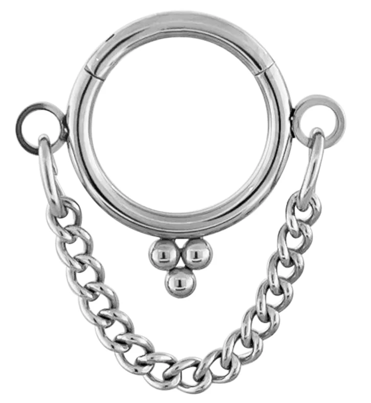 Triple Bead Dangle Chain Titanium Hinged Segment Ring - Mrs Treak