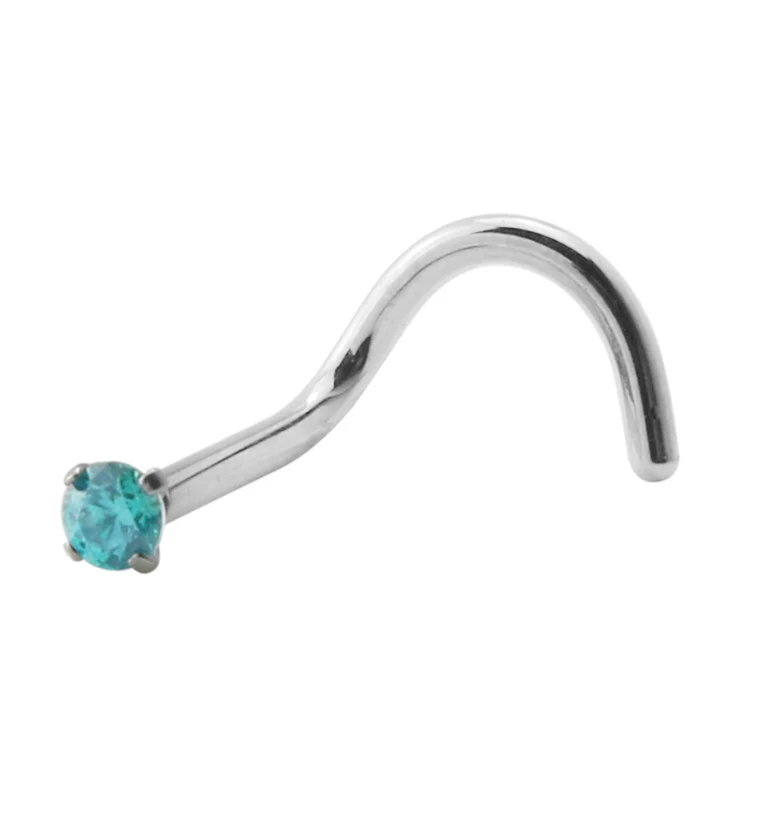 Aqua CZ Titanium Threadless Nose Screw Ring - Mrs Treak