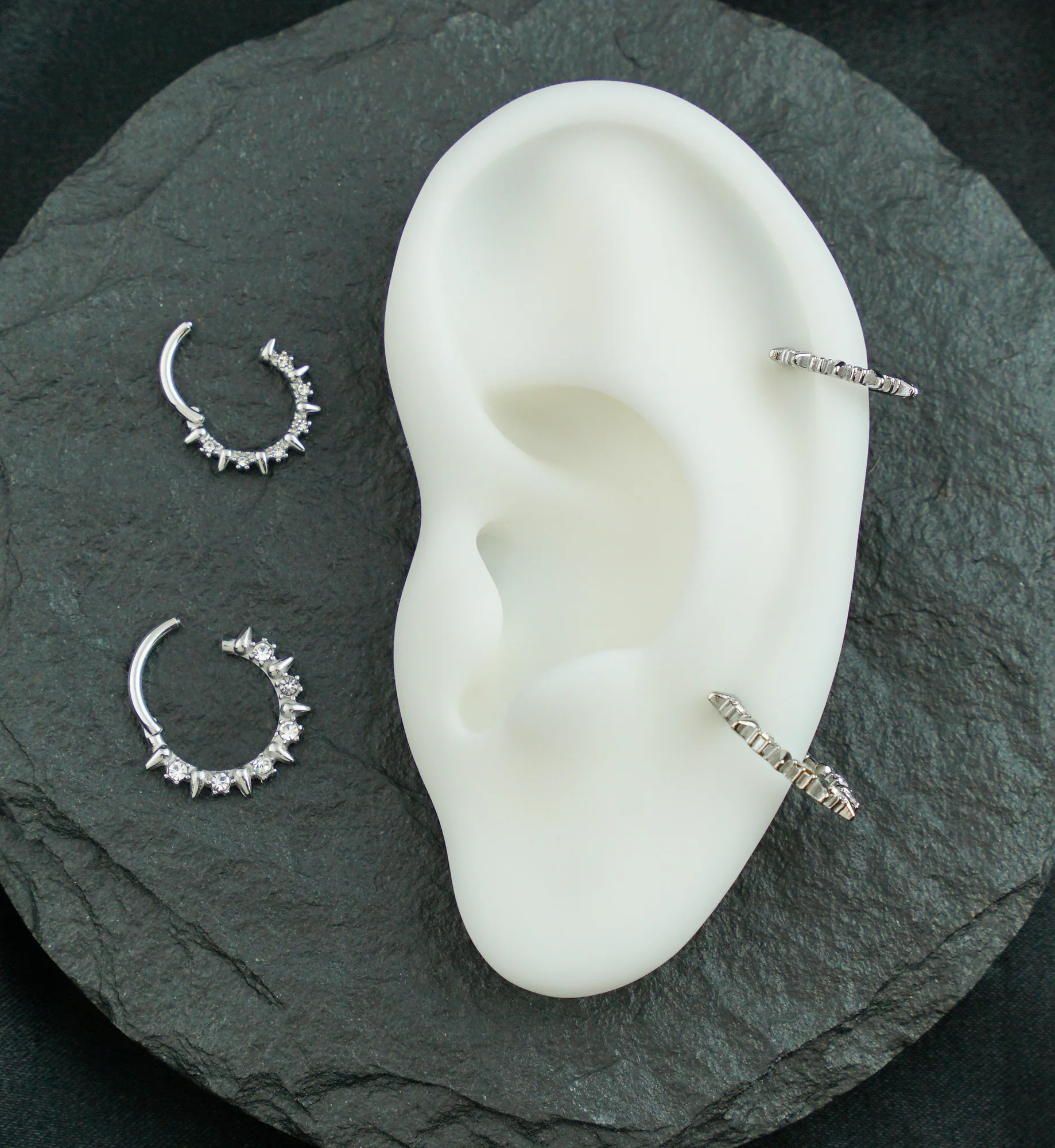 Alternate Spikes Clear CZ Stainless Steel Hinged Segment Ring - Mrs Treak