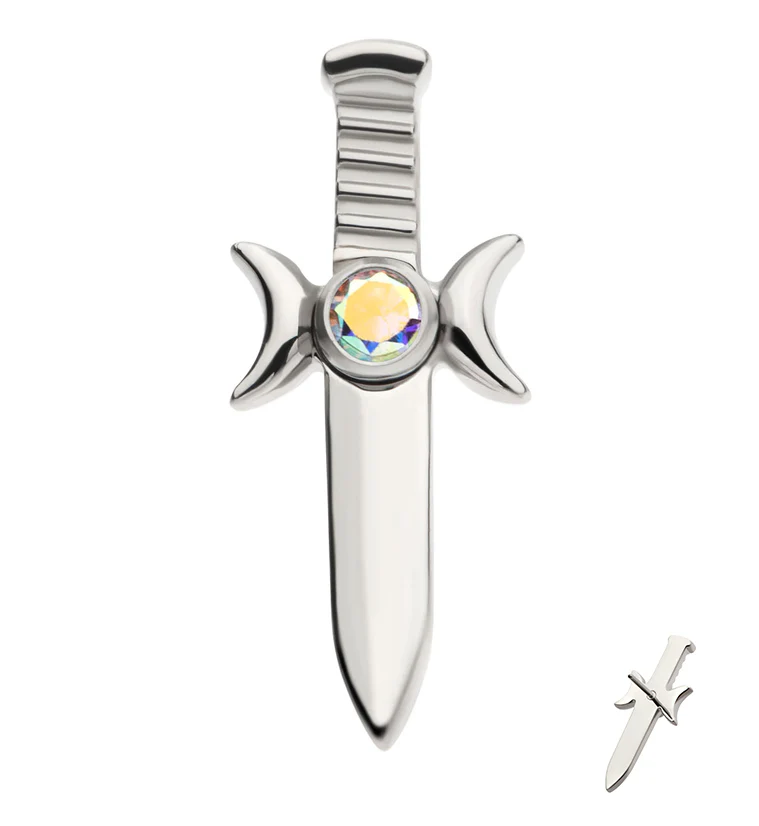 Sword And Moon Phase Rainbow Aurora CZ Threadless Titanium Top - Mrs Treak
