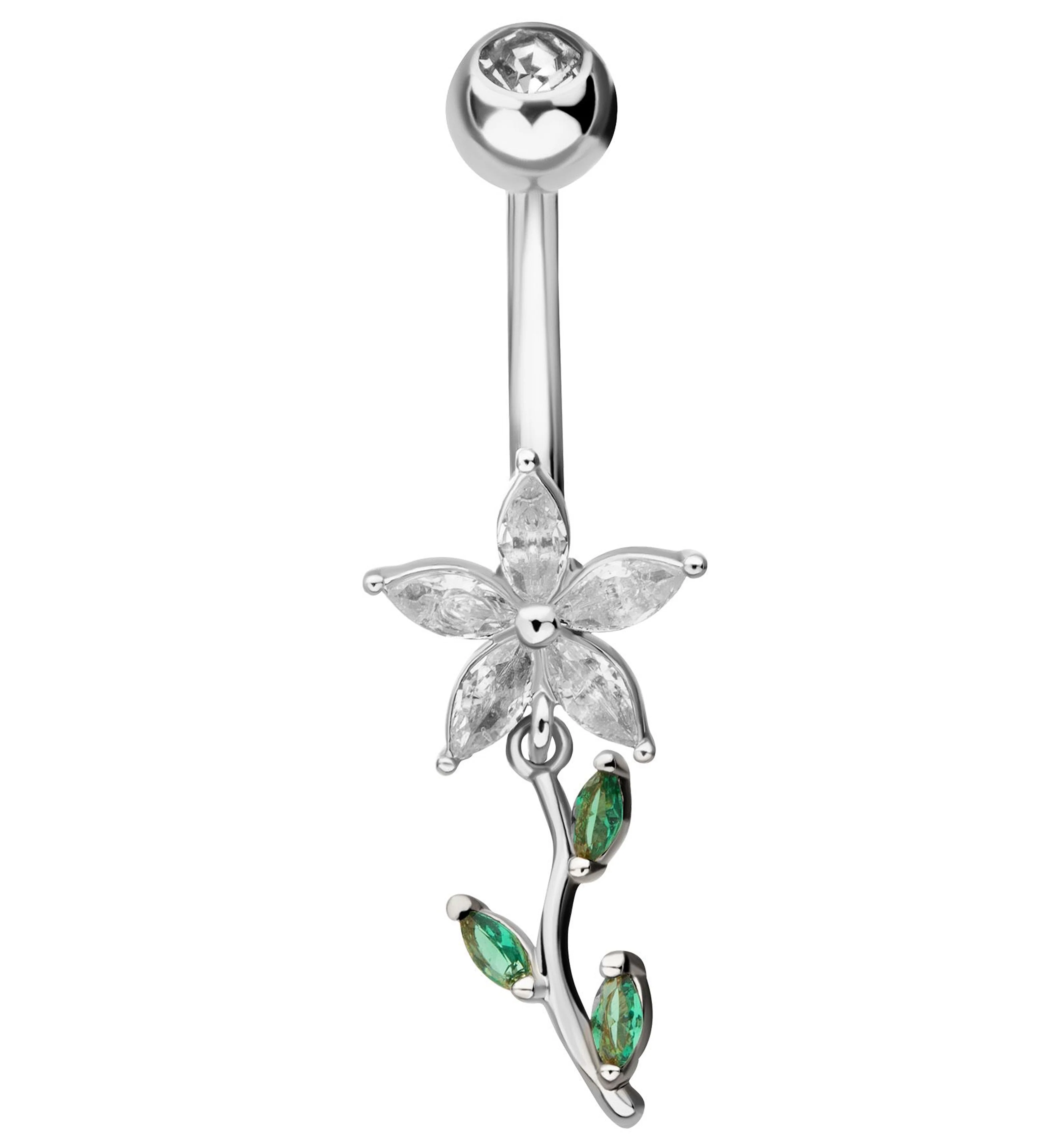 Flower Clear And Emerald CZ Dangle Stainless Steel Belly Button Ring - Mrs Treak