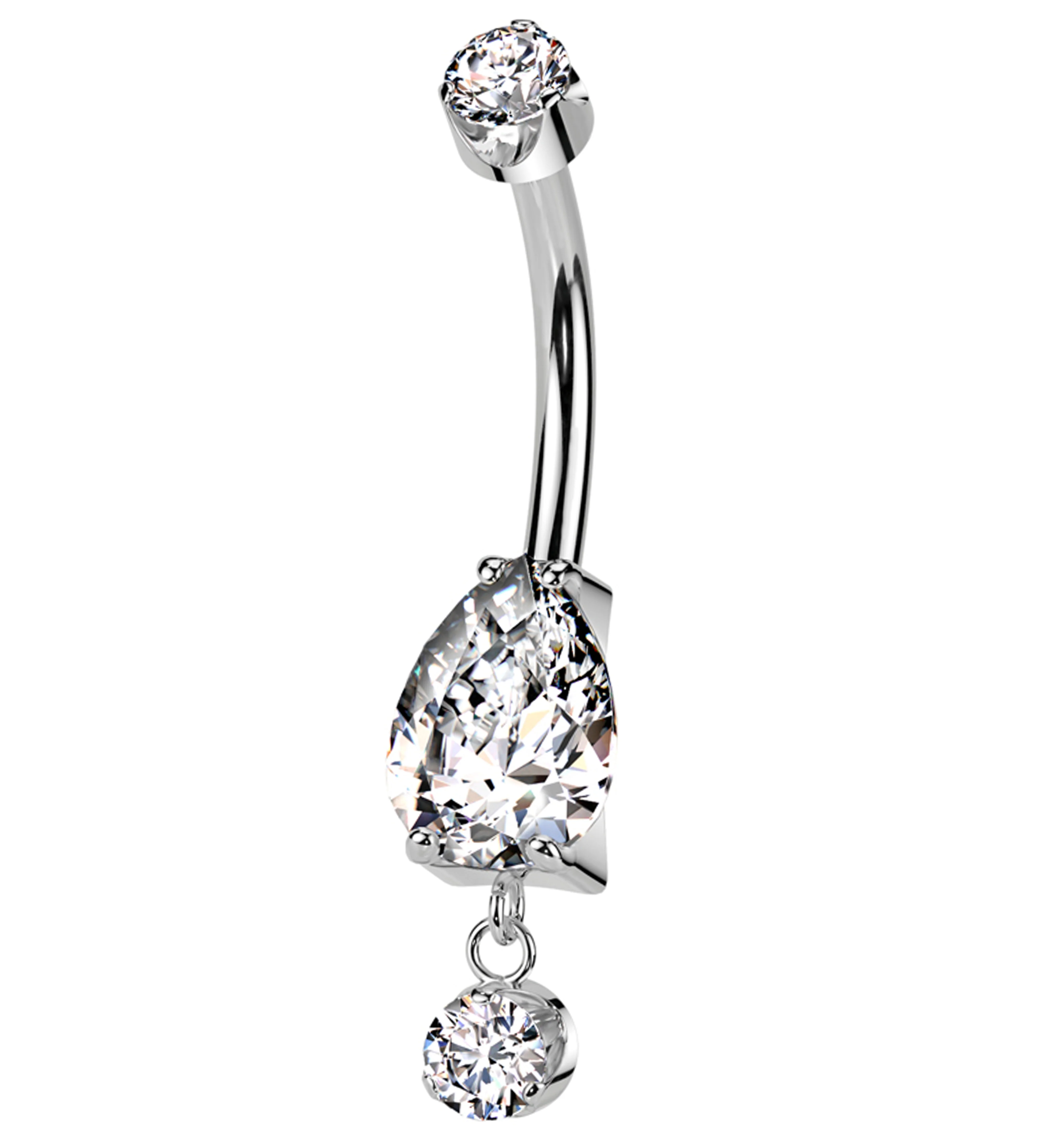 Teardrop Clear CZ Dangle Titanium Internally Threaded Belly Button Ring - Mrs Treak
