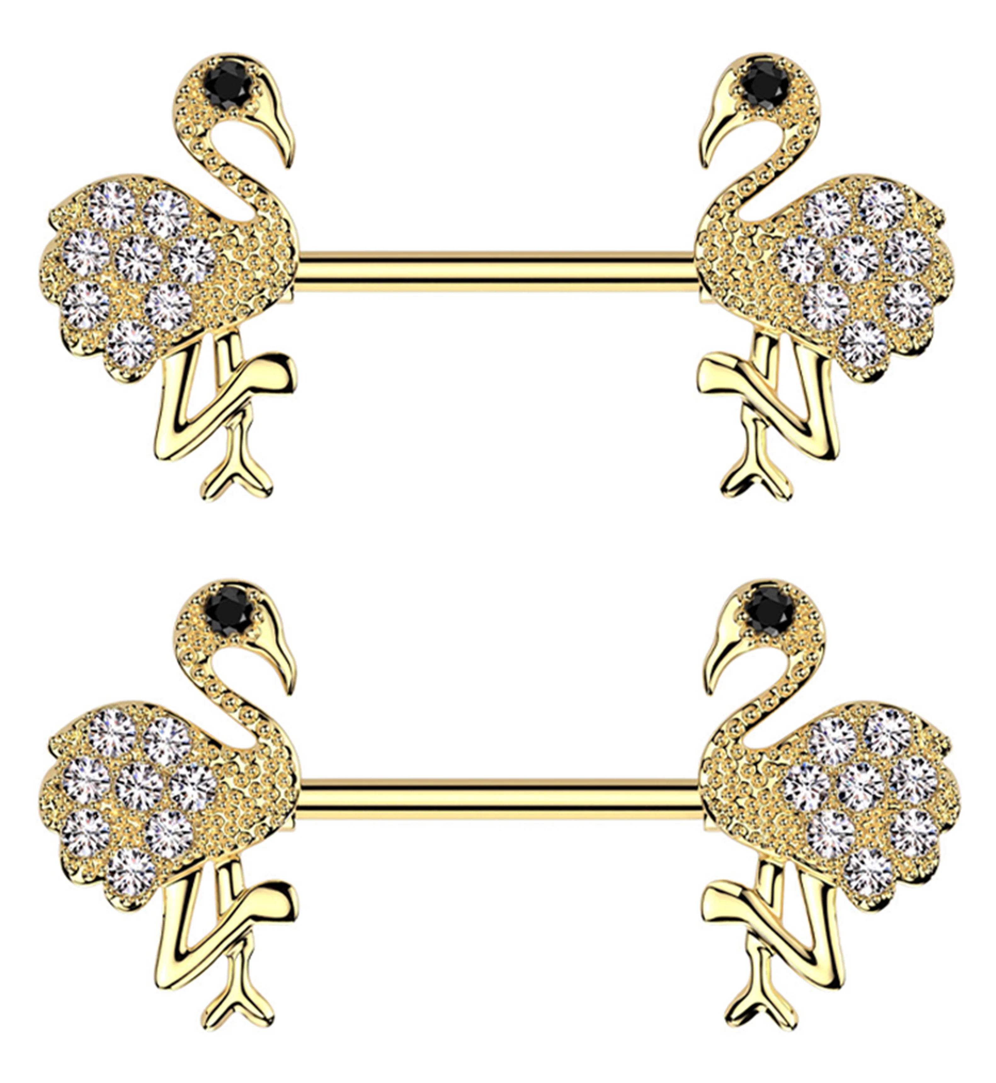 Gold PVD Flamingo Clear CZ Stainless Steel Nipple Barbell - Mrs Treak