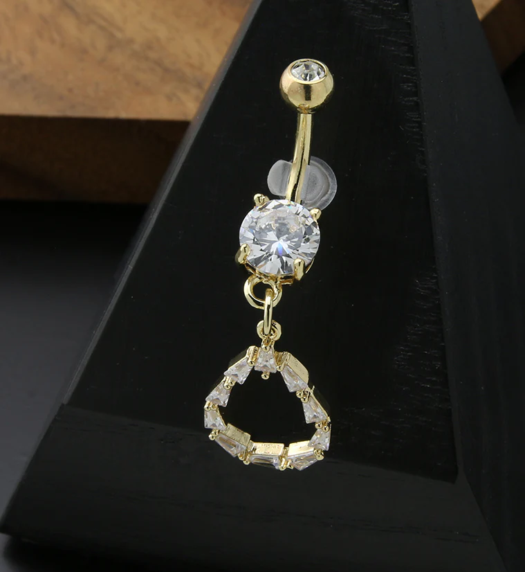 Gold PVD Teardrop Baguette CZ Dangle Stainless Steel Belly Button Ring - Mrs Treak