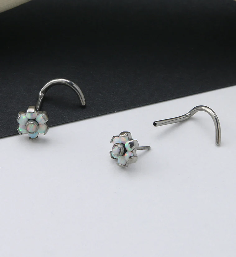 Flower White Opalite Titanium Threadless Nose Screw Ring - Mrs Treak