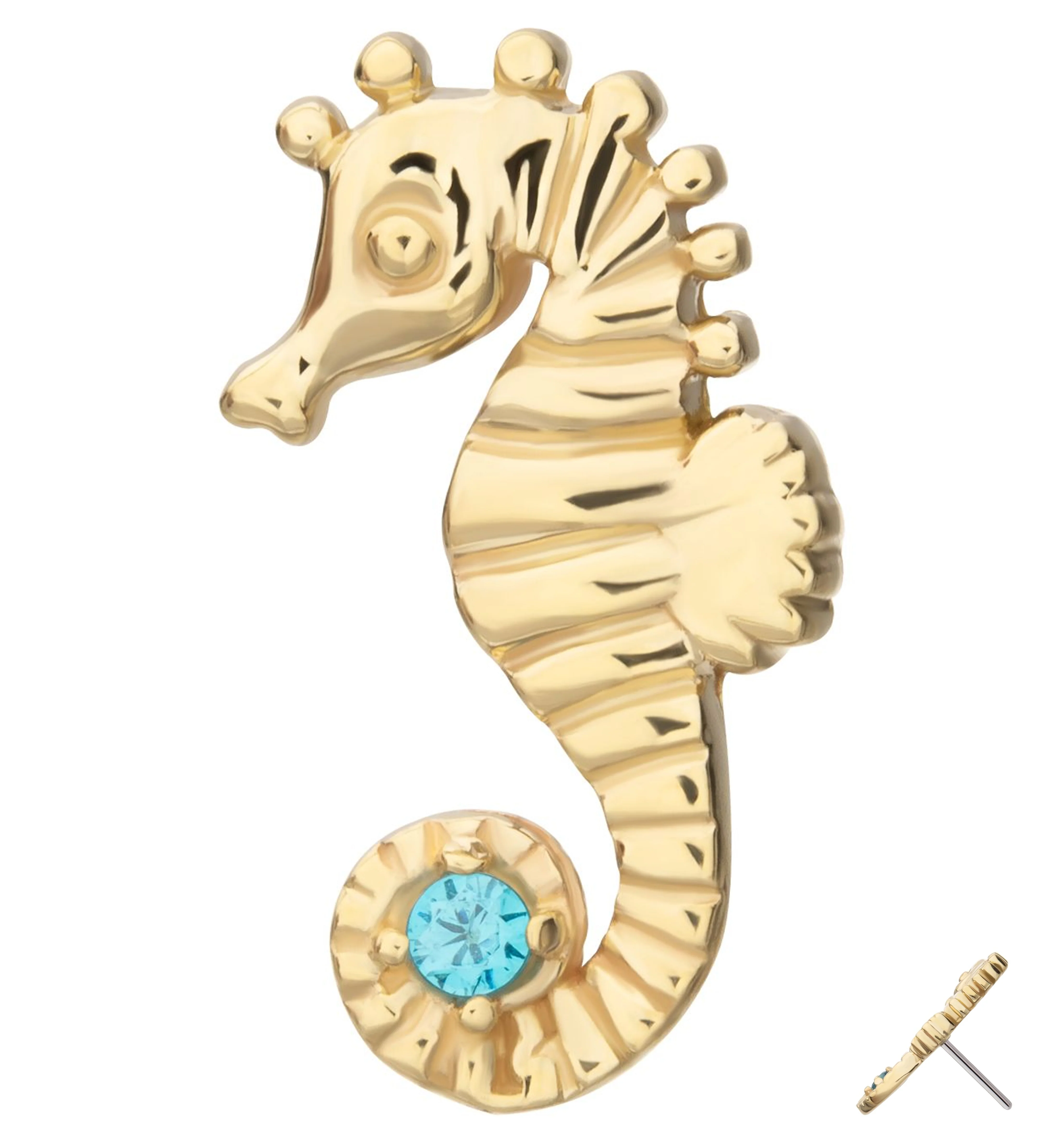 14kt Gold Seahorse Aqua CZ Threadless Top - Mrs Treak