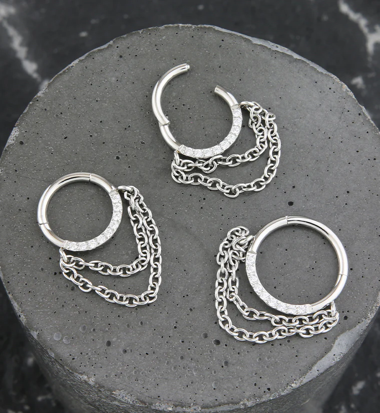 Pave Clear CZ Dual Dangle Chain Stainless Steel Hinged Segment Ring - Mrs Treak