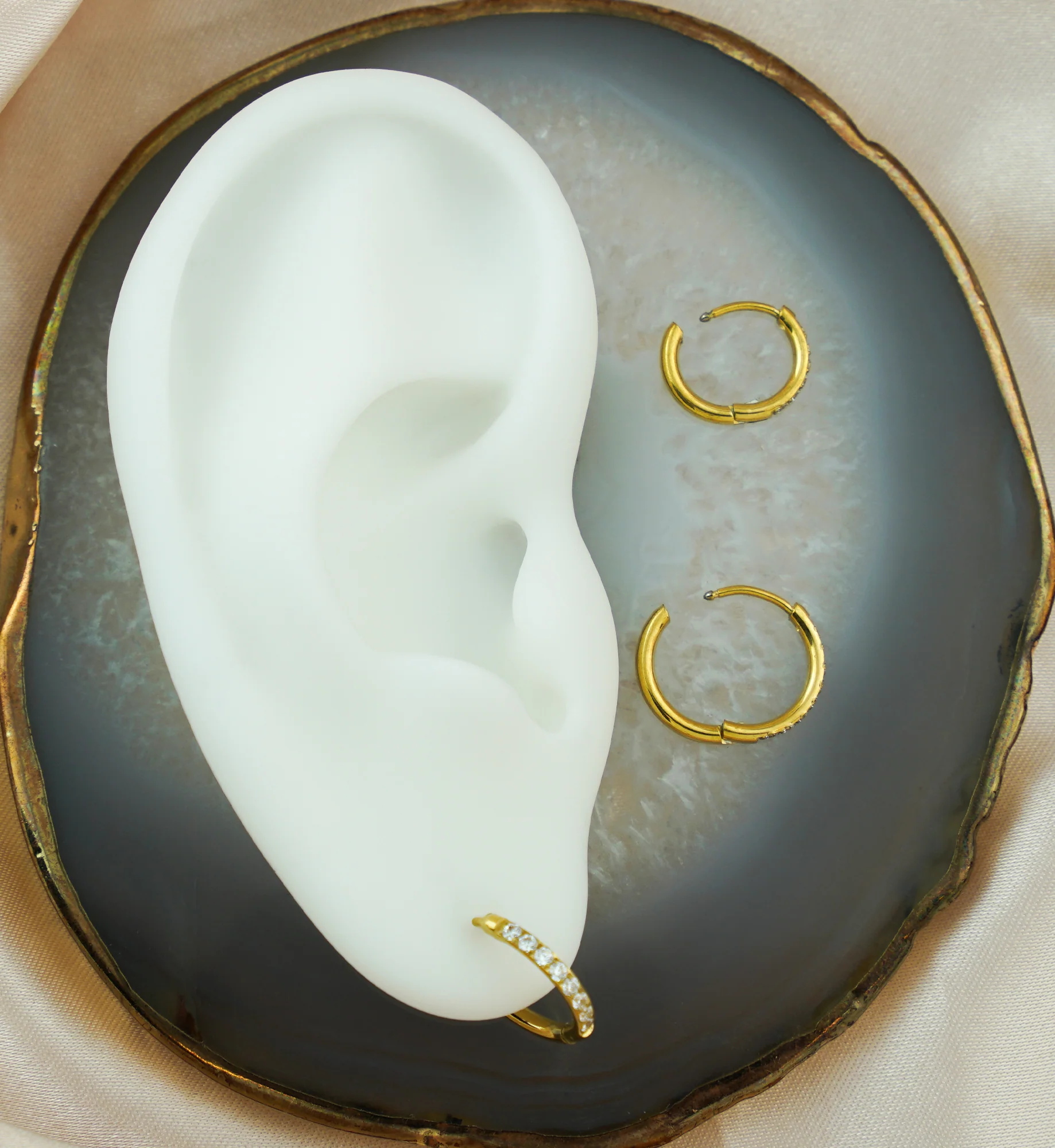 Gold PVD Clear CZ Hoop Stainless Steel Hinged Earrings - Mrs Treak