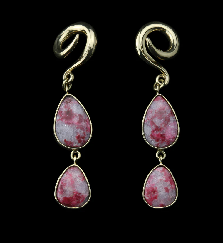 Double Pink Agate Stone Brass Ear Weights Version 2 - Mrs Treak