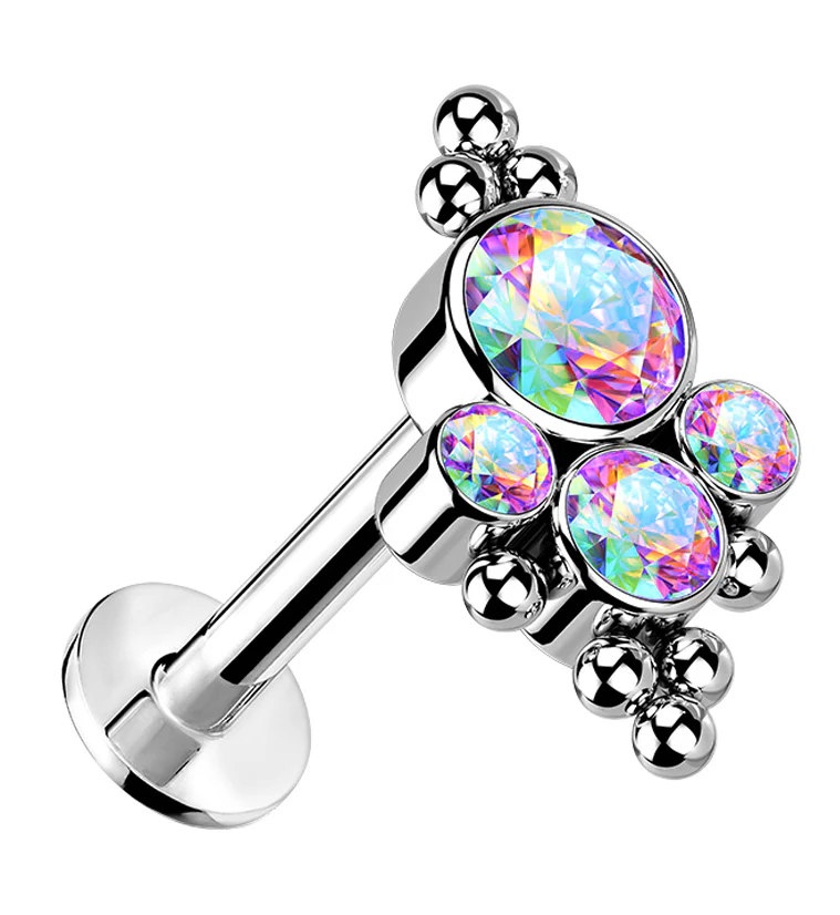 16G Beaded Array Rainbow Aurora CZ Titanium Threadless Labret - Mrs Treak