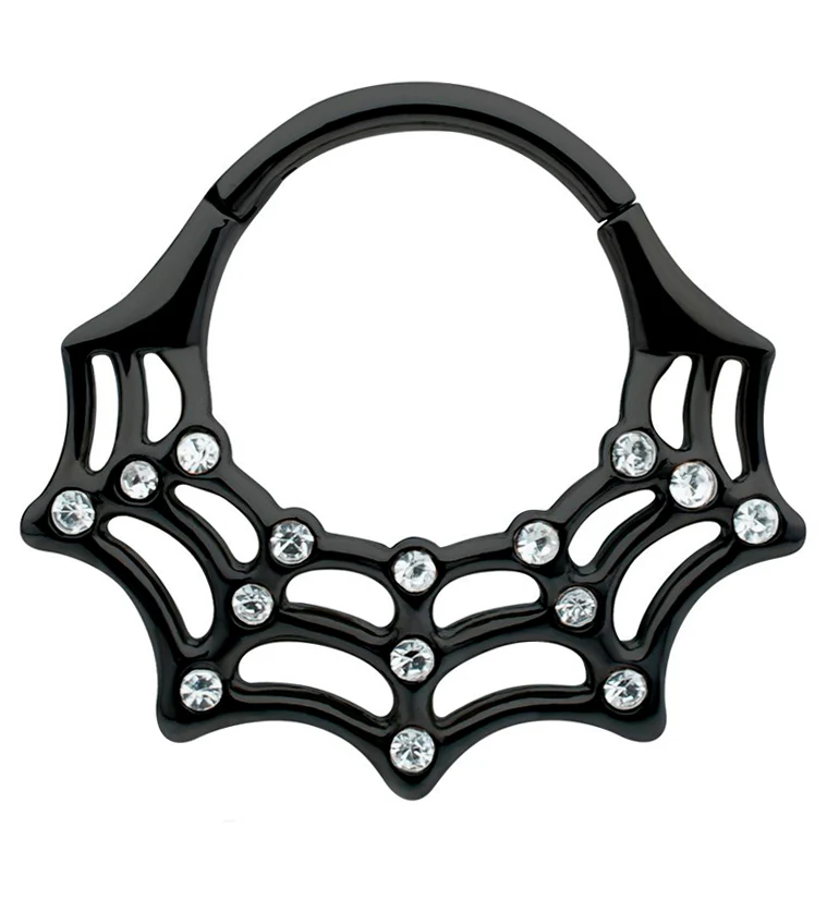 Black PVD Spiderweb Clear CZ Stainless Steel Hinged Segment Ring - Mrs Treak