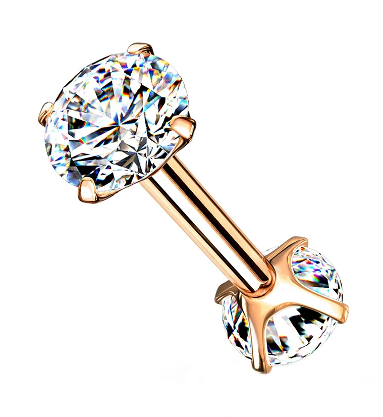 Rose Gold PVD Double Round CZ Prong Set Stainless Steel Barbell - Mrs Treak
