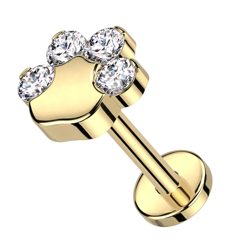 Gold PVD Paw Print Clear CZ Titanium Threadless Labret - Mrs Treak