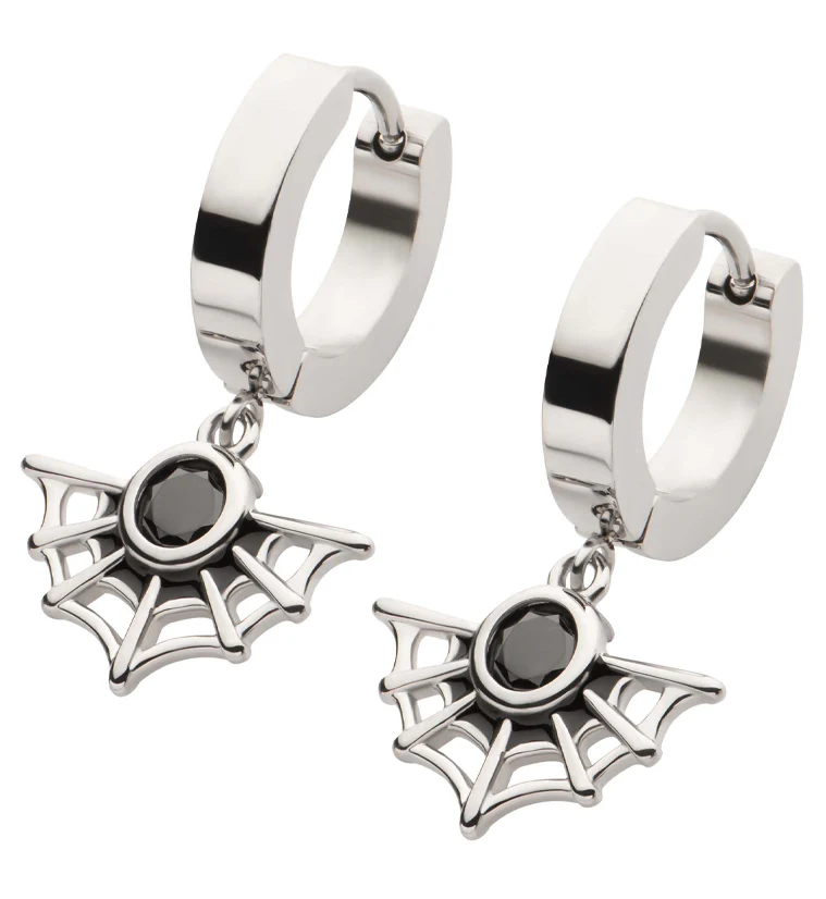 Spiderweb Black CZ Stainless Steel Hoop Huggie Earrings - Mrs Treak