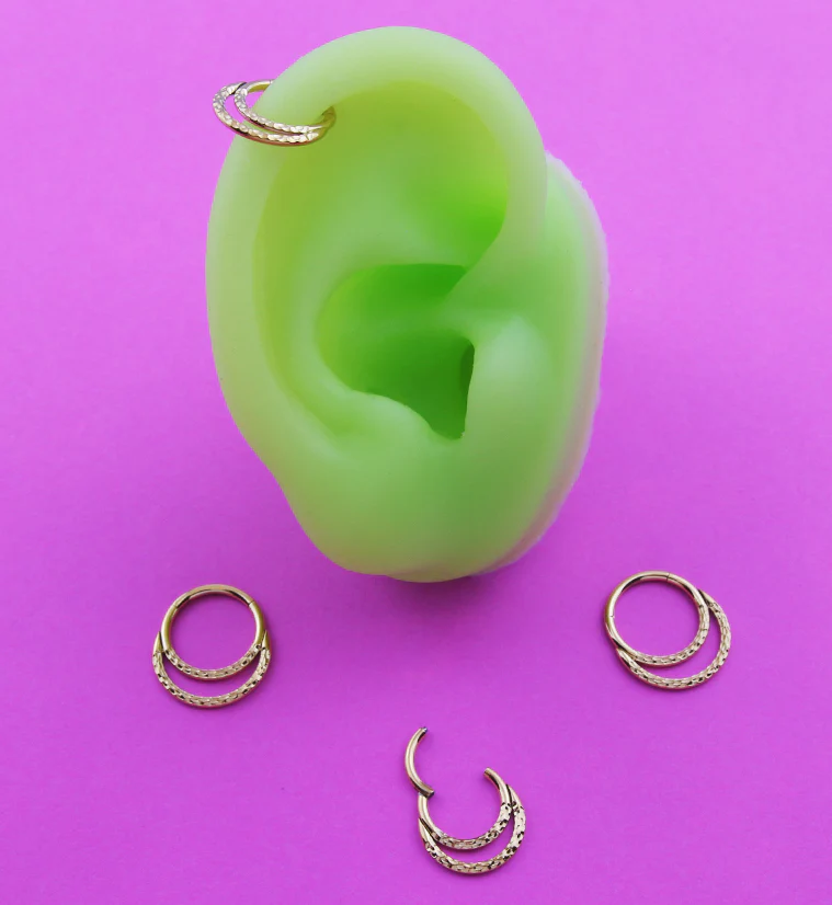 Gold PVD Hammered Double Hoop Titanium Hinged Segment Ring - Mrs Treak