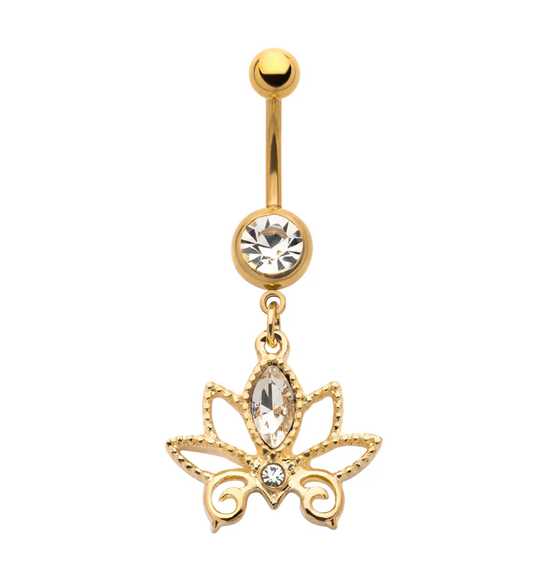 Gold PVD Dangle Lotus Flower CZ Stainless Steel Belly Button Ring - Mrs Treak