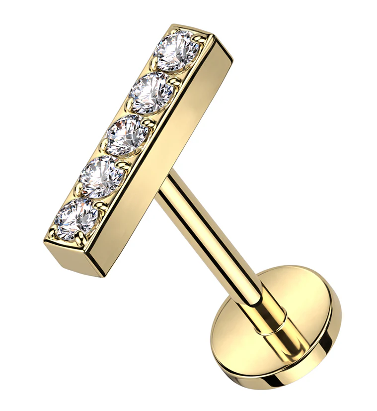 Gold PVD Bar Clear CZ Titanium Threadless Labret - Mrs Treak