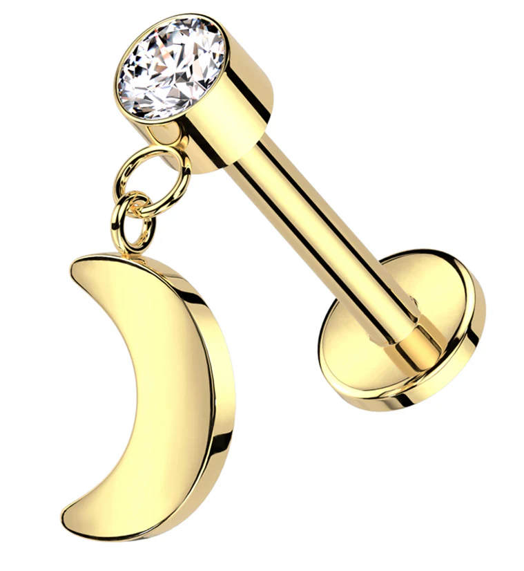 Gold PVD Half Moon Dangle Clear CZ Titanium Threadless Labret - Mrs Treak