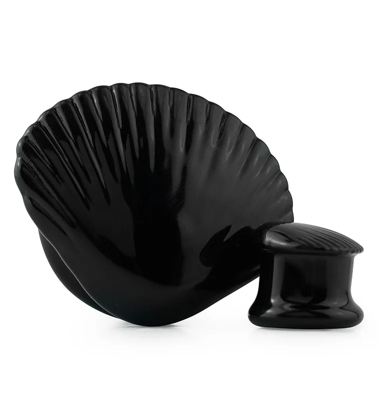 Black Seashell Glass Double Flare Plugs - Mrs Treak