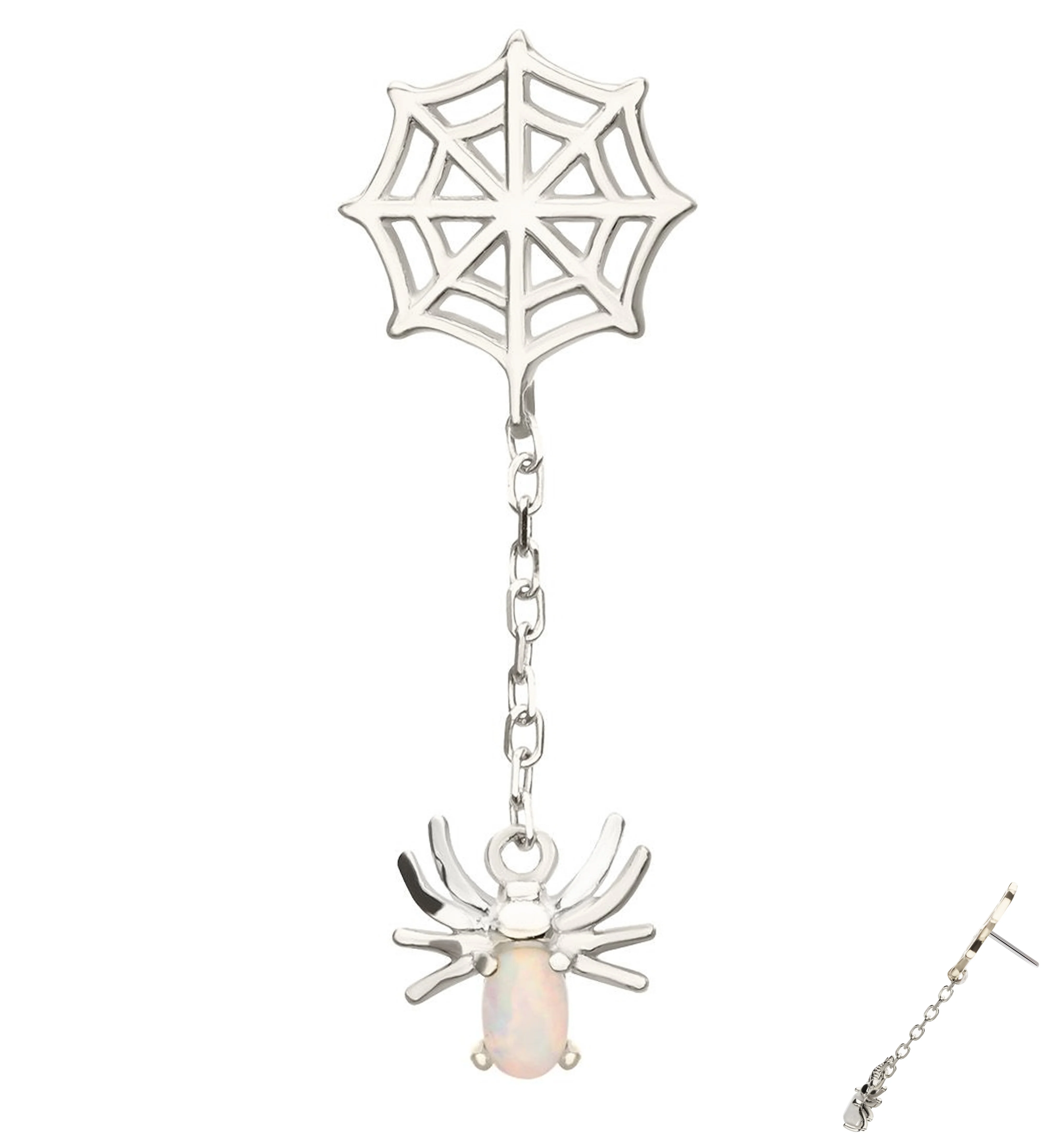 14kt White Gold Spiderweb Dangle Spider White Opalite Threadless Top - Mrs Treak