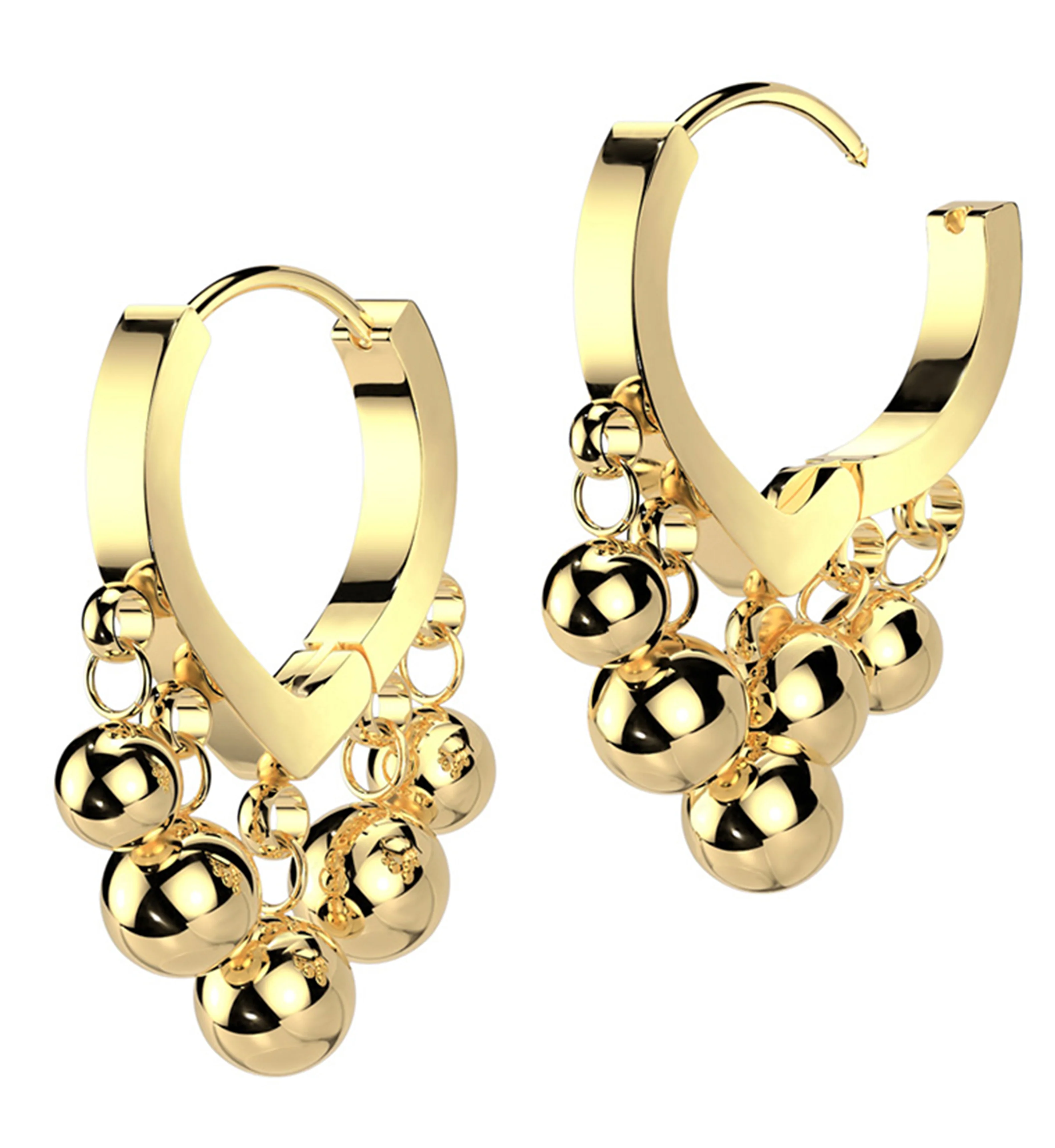 Gold PVD Dangle Beads Stainless Steel Hinged Hoop Earrings - Mrs Treak
