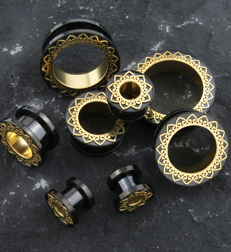 Black PVD Brass Filigree Stainless Steel Tunnel Plugs - Mrs Treak