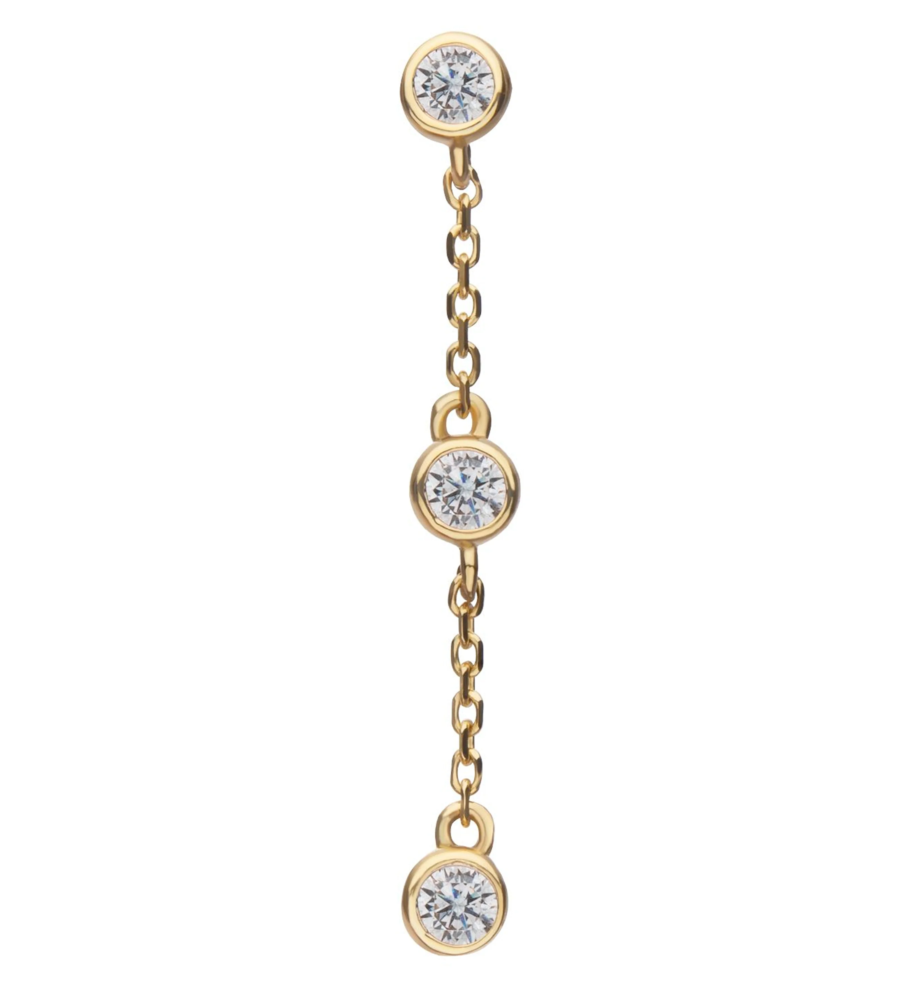 14kt Gold Triple Bezel Clear CZ Dangle Chain Threadless Top - Mrs Treak