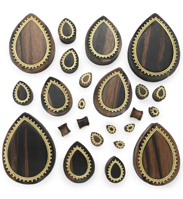 Adorn Brass Inlay Areng Wood Teardrop Plugs - Mrs Treak