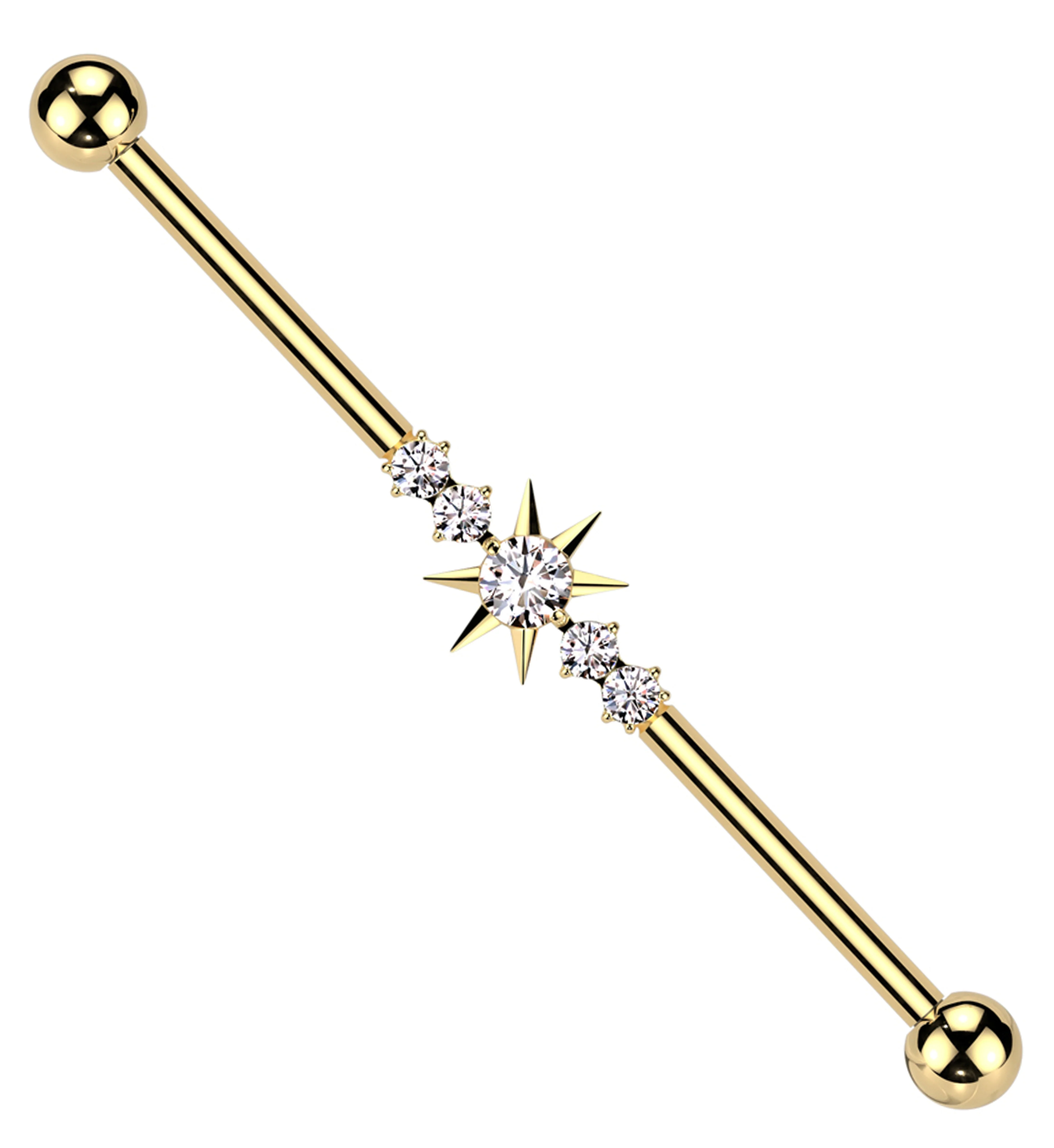 Gold PVD Starburst Clear CZ Internally Threaded Titanium Industrial Barbell - Mrs Treak