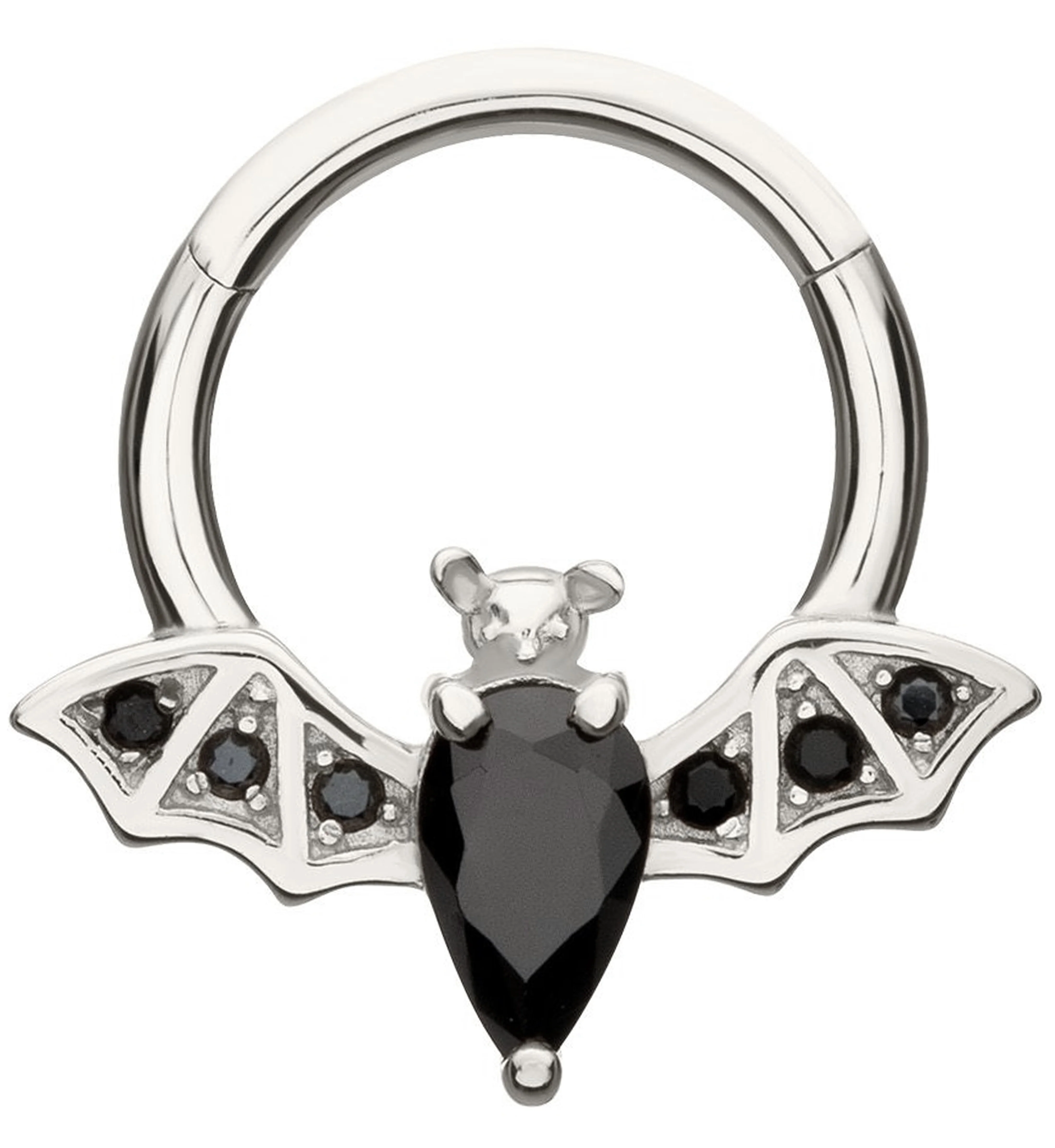 14kt White Gold Flying Bat Black CZ Hinged Segment Ring - Mrs Treak