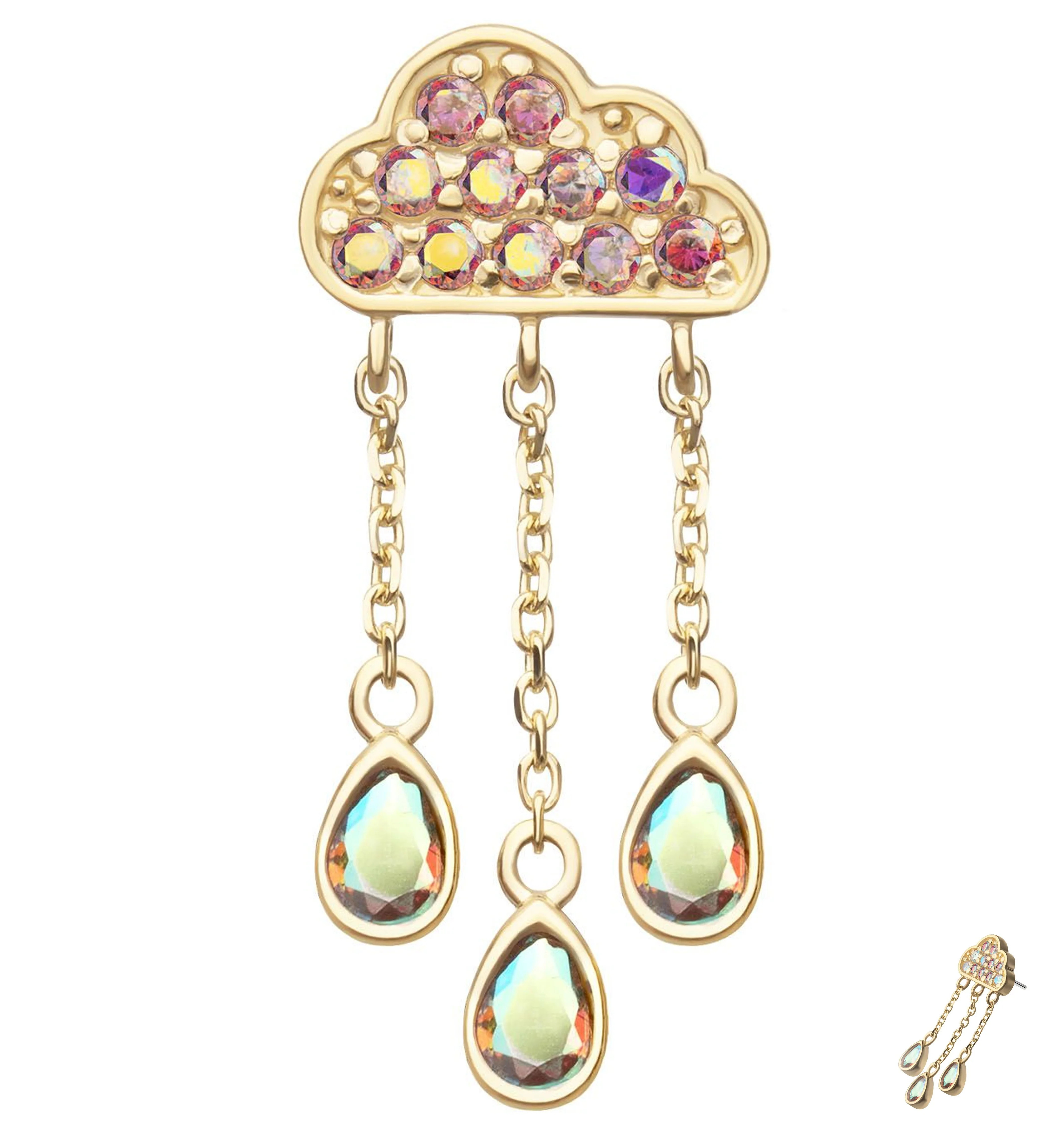 14kt Gold Rain Cloud Rainbow Aurora Teardrop CZ Dangles Threadless Top - Mrs Treak