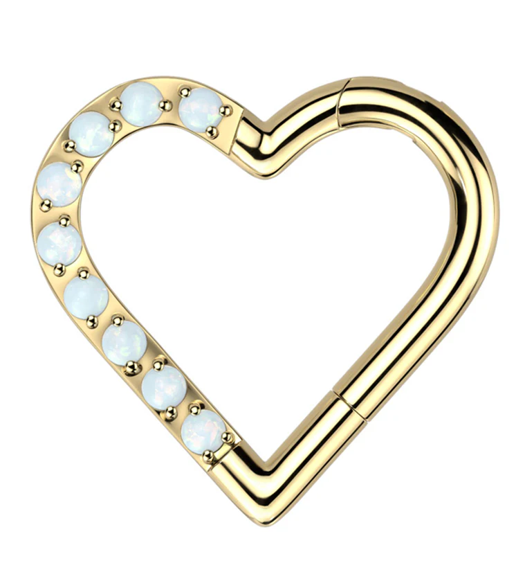 Gold PVD Heart Half Lined White Opalite Titanium Hinged Segment Ring - Mrs Treak