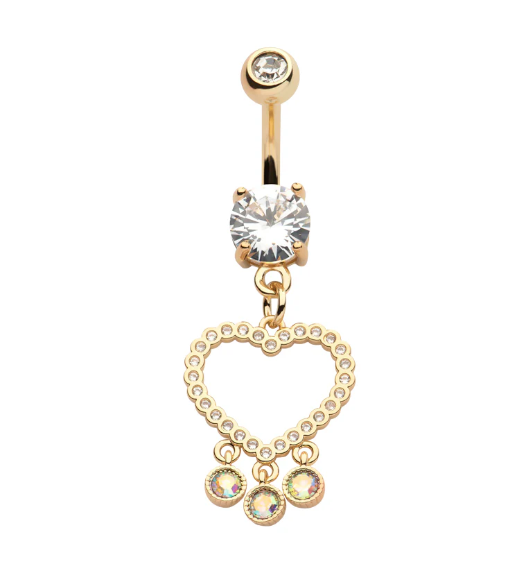 Gold PVD Heart Dangle Rainbow Aurora CZ Trio Stainless Steel Belly Button Ring - Mrs Treak