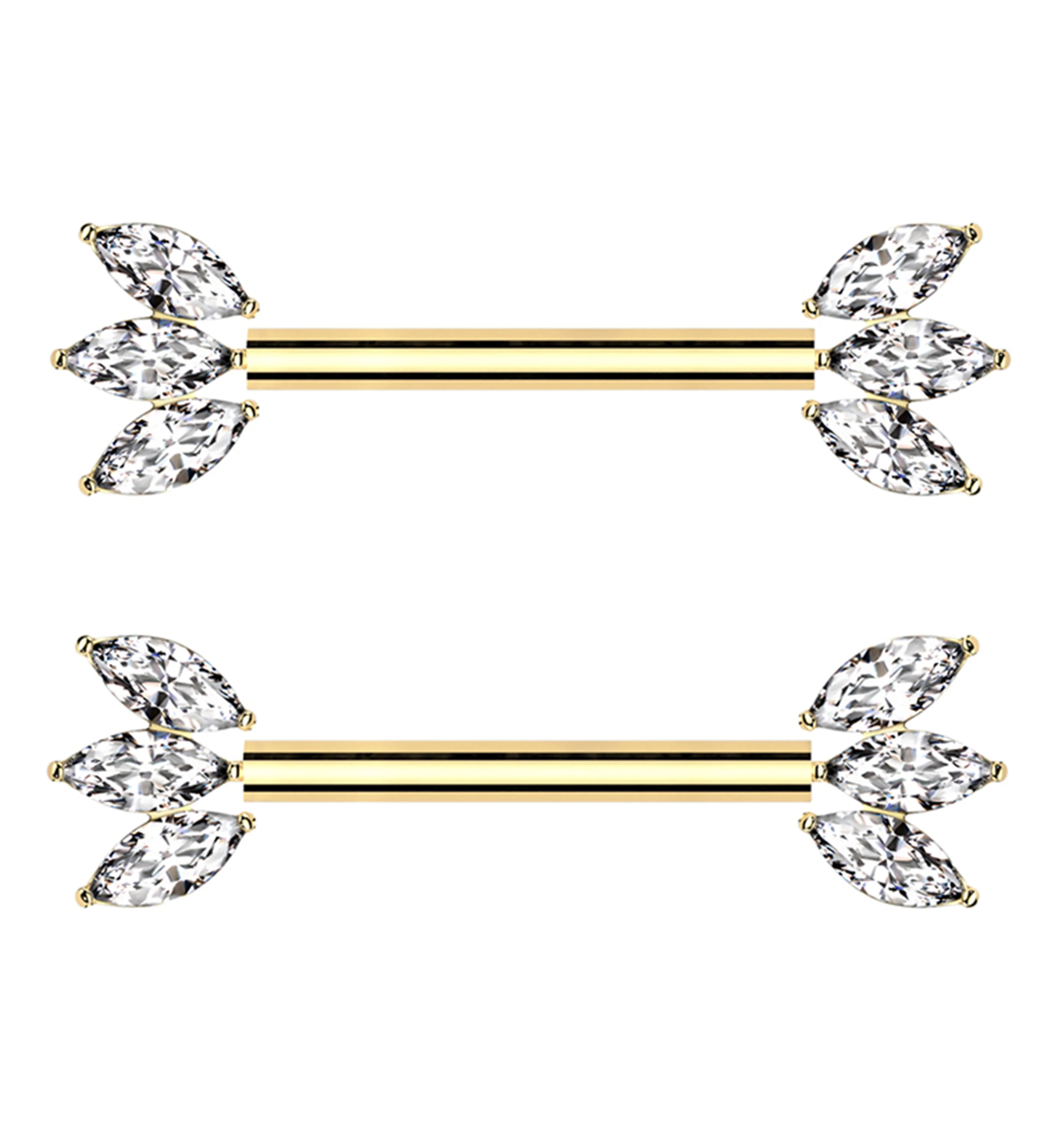 Gold PVD Triple Marquise CZ Threadless Titanium Nipple Barbell - Mrs Treak